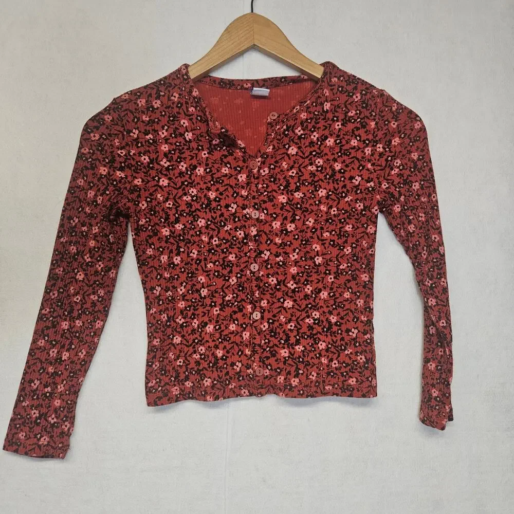 Old Navy Girls Red Floral Fitted Long Sleeve Button Front Top